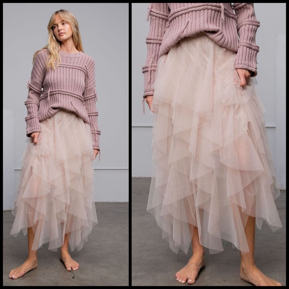 EASEL "Fairy Tale" Tiered Mesh Overlay Waterfall Lined Midi Maxi Ballerina Skirt - Picture 13 of 16